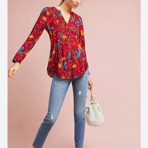 Maeve by Anthropologie Printed Pintucked Blouse Size Small Red Floral Boho